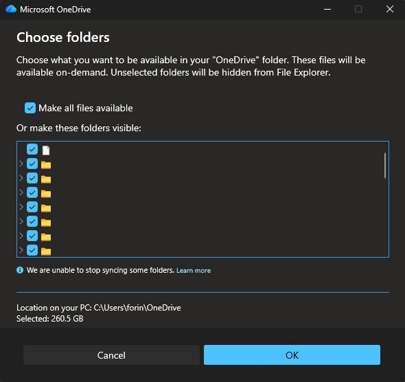 หน้าต่าง Choose folders เลือกโฟลเดอร์ที่ต้องการซิงก์ พร้อม Make all files available