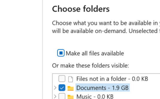 หน้าต่าง Choose folders ติ๊กเลือกโฟลเดอร์ที่ต้องการซิงก์ลงเครื่องใน OneDrive