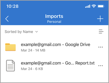 หน้าจอ Imports ในแอป OneDrive มือถือ แสดงไฟล์ที่นำเข้าจาก Google Drive