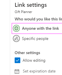 หน้าต่าง Link settings เลือก Anyone with the link หรือ Specific people พร้อม Allow editing ใน OneDrive