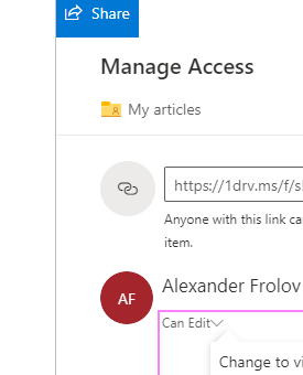 หน้าต่าง Manage Access ของ OneDrive แสดงลิงก์แชร์และสิทธิ์ Can Edit ของแต่ละคน