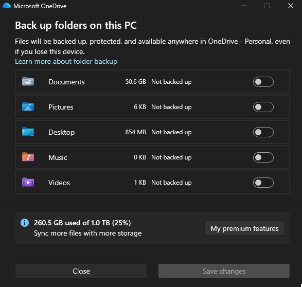 หน้าต่าง Back up folders on this PC เลือกสำรอง Documents, Pictures, Desktop, Music, Videos