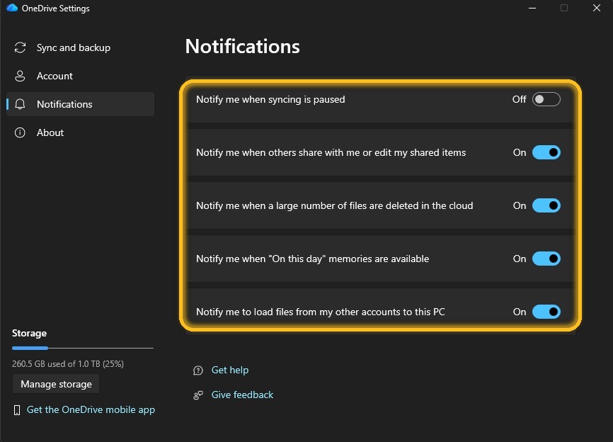 แท็บ Notifications ใน OneDrive Settings สำหรับปรับการแจ้งเตือน