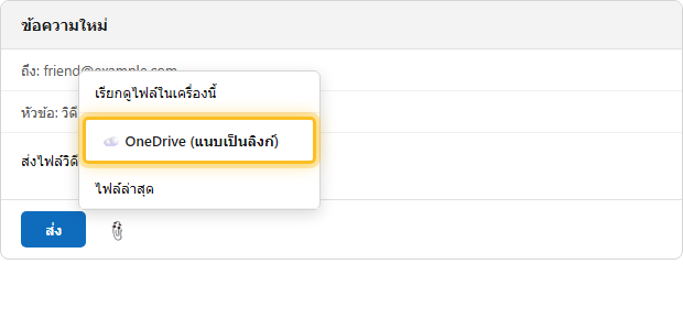 เมนูแนบไฟล์ใน Outlook.com เลือก OneDrive เพื่อแนบไฟล์เป็นลิงก์แทนไฟล์แนบจริง