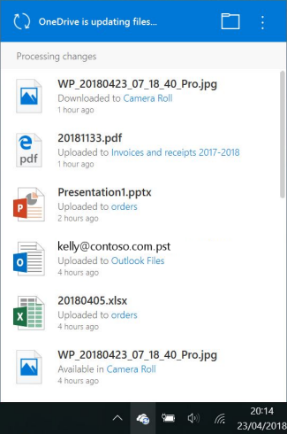 หน้าจอแจ้งเตือน OneDrive is updating files แสดงสถานะ Processing changes พร้อมรายการไฟล์ที่กำลังอัปโหลด/ดาวน์โหลด