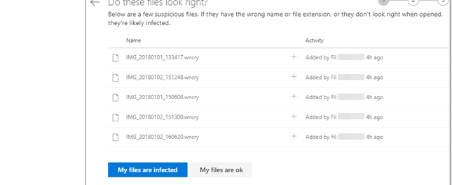 หน้าจอ Do these files look right? แสดงไฟล์ที่สงสัยติด Ransomware ใน OneDrive