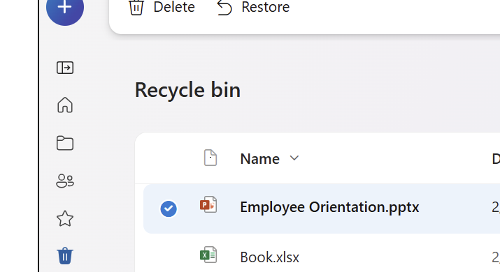 หน้า Recycle bin ใน OneDrive ติ๊กเลือกไฟล์แล้วกด Restore