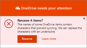 หน้าต่างแจ้งเตือน OneDrive ต้องการเปลี่ยนชื่อ 4 รายการ เพราะชื่อไฟล์มีอักขระที่ทำให้ซิงค์ไม่ได้