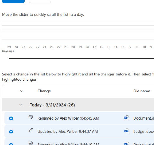 หน้าจอ Restore your OneDrive แสดง timeline slider และรายการไฟล์ที่เปลี่ยนแปลง