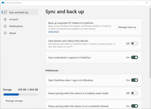 หน้าจอ Settings ของ OneDrive แสดงเมนู Sync and backup, Account, Notifications