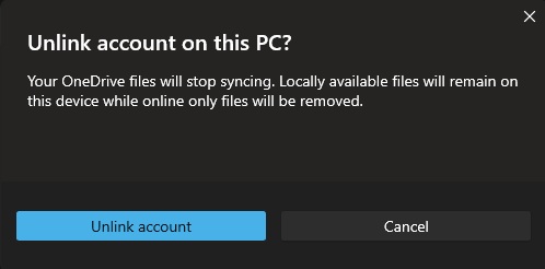 หน้าต่างยืนยัน Unlink account on this PC พร้อมคำอธิบายผลที่จะเกิดขึ้น