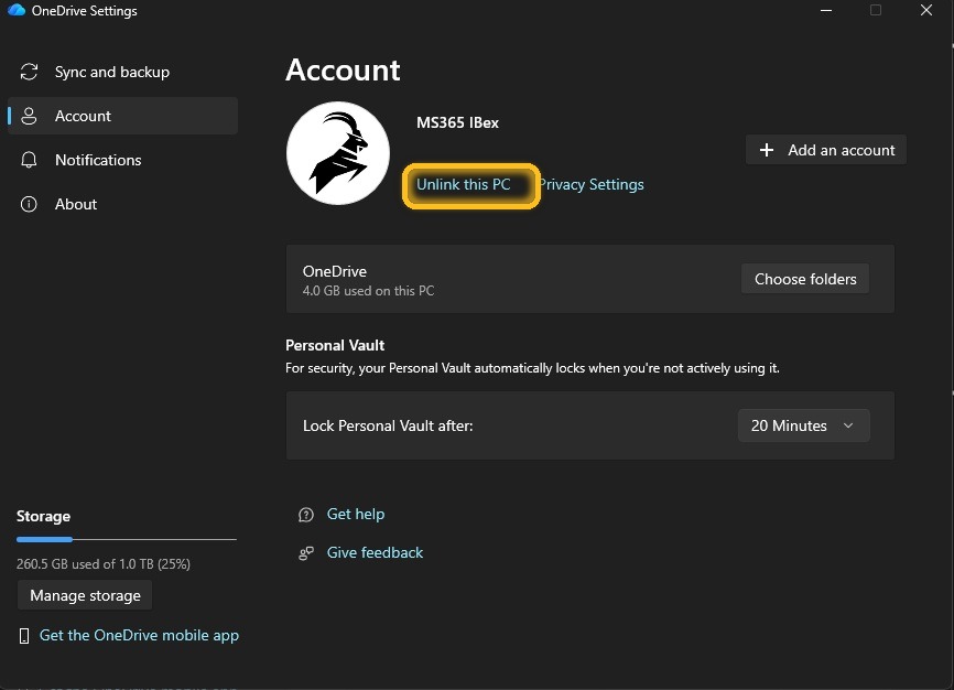 แท็บ Account ใน OneDrive Settings วงกลมไฮไลต์ลิงก์ Unlink this PC