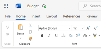 แถบเมนู Word for the web แสดงแท็บ File ที่ใช้เข้าถึงคำสั่ง Print