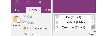 เมนู Tags ใน OneNote แสดง To Do, Important, Question พร้อมคีย์ลัด