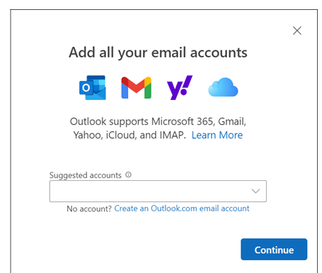 หน้าต่างเพิ่มบัญชีอีเมลใน New Outlook (Microsoft 365) รองรับ Microsoft 365, Gmail, Yahoo, iCloud