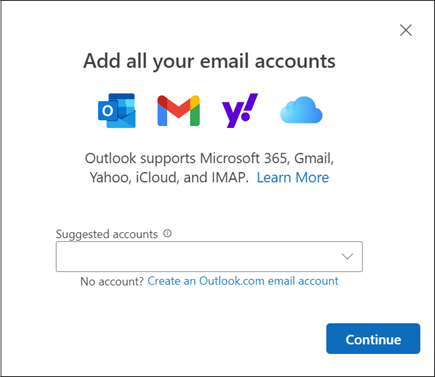 หน้าต่าง Add account สำหรับเพิ่มบัญชี Gmail ใน Outlook รุ่นใหม่สำหรับ Windows