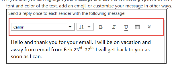 กล่องข้อความ Send automatic replies พร้อมแถบจัดรูปแบบตัวอักษรใน Outlook