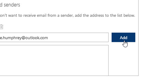 หน้าต่าง Blocked senders ใส่อีเมลที่ต้องการบล็อกแล้วกด Add ใน Outlook