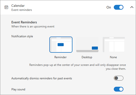 หน้าตั้งค่าการแจ้งเตือนนัดหมายในปฏิทิน Outlook รุ่นใหม่