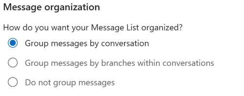 เมนู Message organization ในหน้า Settings Mail Reading Pane สำหรับตั้งค่า Conversation View