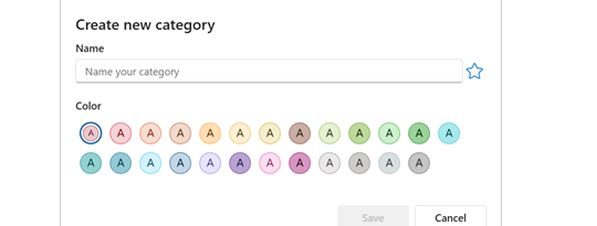 หน้าต่าง Create new category ตั้งชื่อและเลือกสี Category ใน Outlook