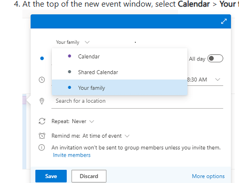 เมนูเลือกปฏิทิน Your family ตอนสร้างนัดหมายใน Outlook.com
