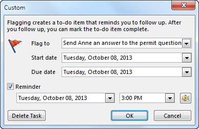 หน้าต่างตั้งค่าวันครบกำหนดและการแจ้งเตือนสำหรับอีเมลที่ถูก Flag ใน Outlook