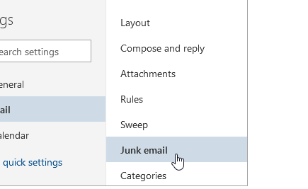 เมนู Settings > Mail > Junk email ใน Outlook สำหรับตั้งค่ากันสแปม