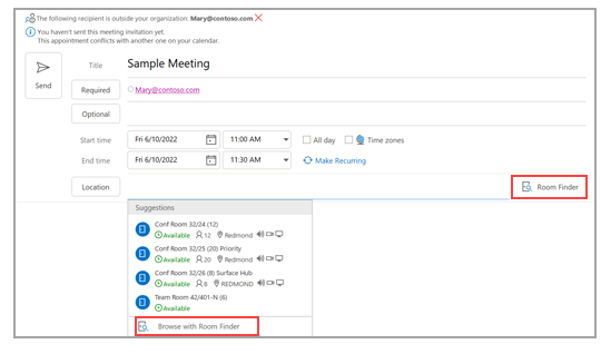 หน้าต่างสร้างนัดหมายใหม่ใน Outlook พร้อม Room Finder และ Suggestions