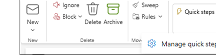 ปุ่ม Quick steps และ Manage quick steps บนแท็บ Home ของ Outlook