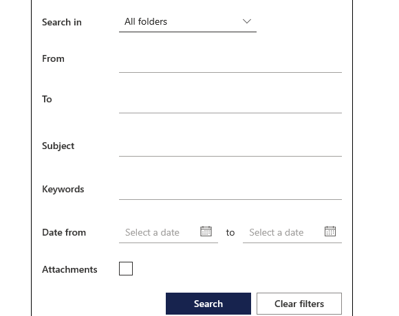 แผงตัวกรองค้นหาอีเมลใน Outlook มี Search in, From, To, Subject, Keywords, Date, Attachments