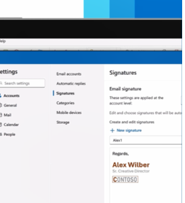 หน้าจอ Settings Signatures ใน Outlook แสดงตัวอย่างลายเซ็นอีเมล