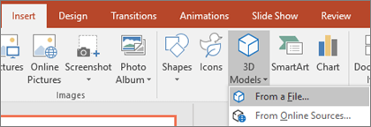 แท็บ Insert เลือก 3D Models เพื่อใส่โมเดล 3 มิติจากไฟล์หรือจากออนไลน์