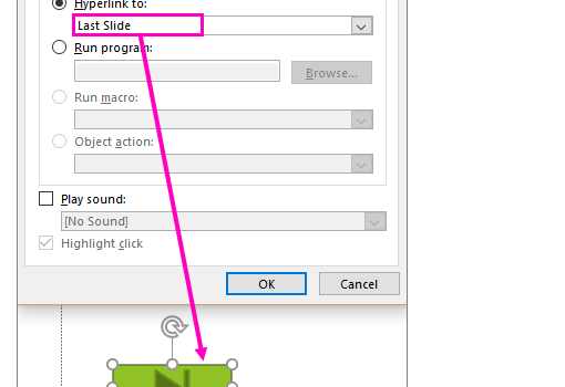 หน้าต่าง Action Settings เลือก Hyperlink to ไปยังสไลด์ที่ต้องการใน PowerPoint