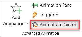 ปุ่ม Animation Painter ของจริงในกลุ่ม Advanced Animation บนแท็บ Animations ของ PowerPoint