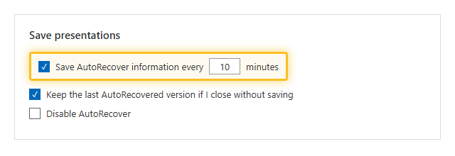 ตัวเลือก Save AutoRecover information every 10 minutes ในหน้า Options ของ PowerPoint