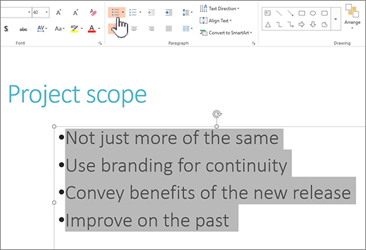 ข้อความในสไลด์ PowerPoint ที่ใส่บูลเล็ตแล้ว พร้อมปุ่ม Bullets และ Numbering บนแท็บ Home