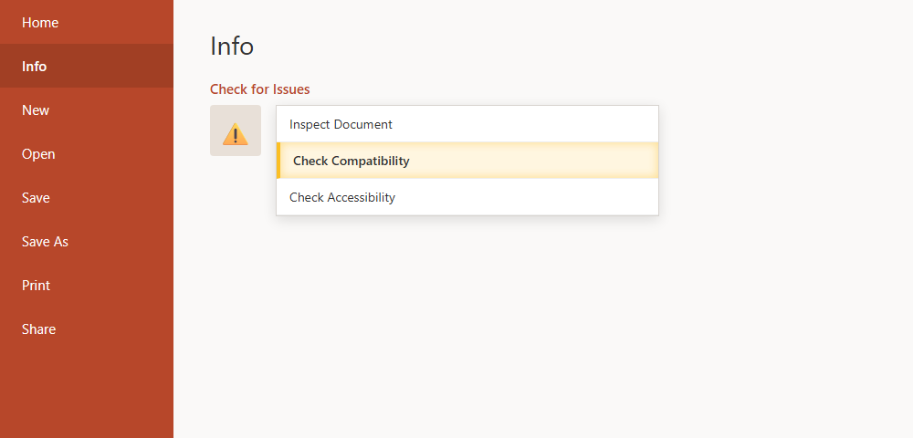 เมนู Check for Issues ในหน้า File Info ของ PowerPoint แสดงตัวเลือก Check Compatibility