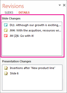 แผง Revisions แสดง Slide Changes และ Presentation Changes ใน PowerPoint