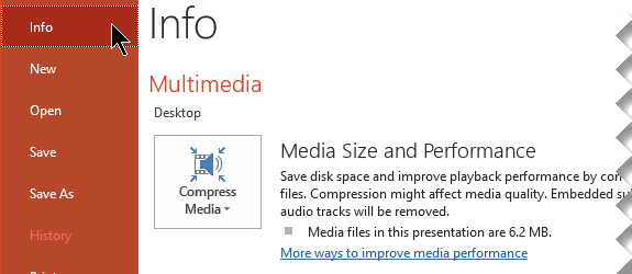 หน้า File Info ใน PowerPoint แสดงส่วน Media Size and Performance และปุ่ม Compress Media