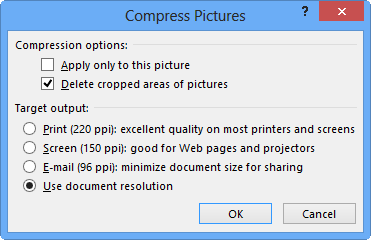 หน้าต่าง Compress Pictures ของจริงใน PowerPoint แสดงตัวเลือก Target output ความละเอียดต่างๆ
