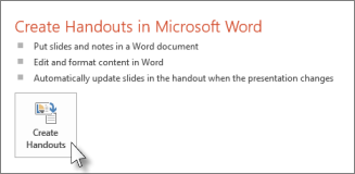เมนู Create Handouts in Microsoft Word ในหน้า Export ของ PowerPoint พร้อมปุ่ม Create Handouts