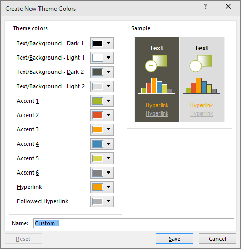 หน้าต่าง Create New Theme Colors ของจริงใน PowerPoint แสดงช่องกำหนดสีแต่ละส่วนและตัวอย่าง Sample