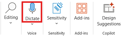 ปุ่ม Dictate อยู่ในแท็บ Home กลุ่ม Voice ของ PowerPoint