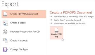 เมนู Export เลือก Create PDF/XPS Document ใน PowerPoint