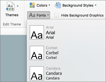 เมนู Fonts ใน Slide Master ของ PowerPoint แสดงชุดฟอนต์สำเร็จรูปให้เลือก เช่น Arial, Corbel, Candara