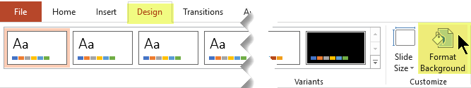 ปุ่ม Format Background อยู่ในแท็บ Design กลุ่ม Customize ของ PowerPoint