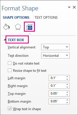 พาเนล Format Shape แท็บ Text Box ใน PowerPoint แสดงตัวเลือก Vertical alignment, Text direction, ระยะขอบ และ Wrap text in shape