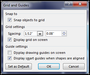 หน้าต่าง Grid and Guides ของจริงใน PowerPoint แสดงตัวเลือก Spacing และ Snap to grid