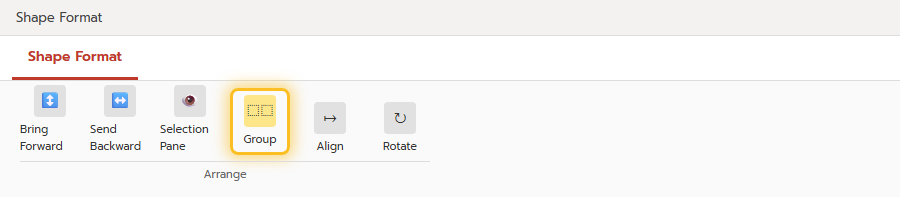 ปุ่ม Group อยู่ในแท็บ Shape Format กลุ่ม Arrange ของ PowerPoint